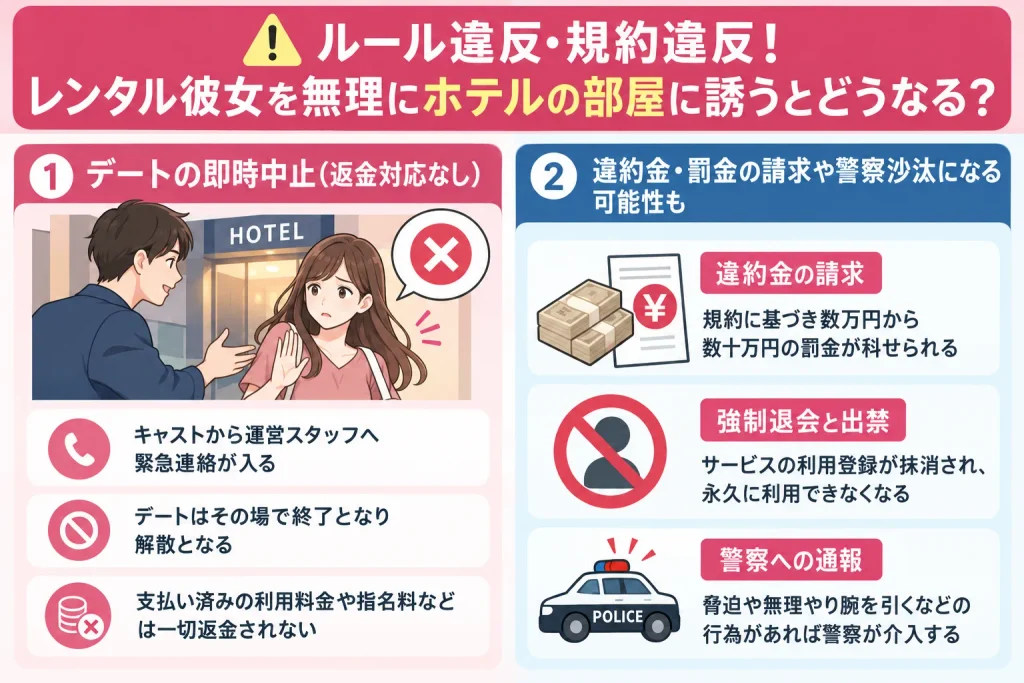 ルール違反・規約違反!レンタル彼女を無理にホテルの部屋に誘うとどうなる?