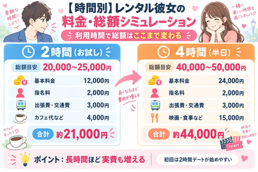 【時間別】レンタル彼女の料金・総額シミュレーション