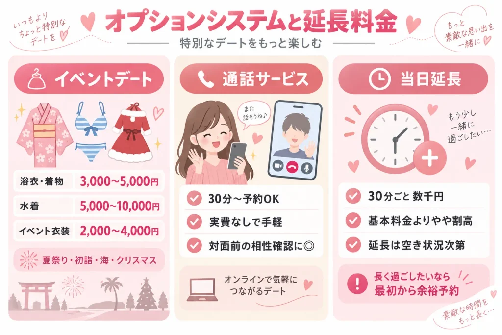 特別なデートを演出するオプションシステムと延長料金