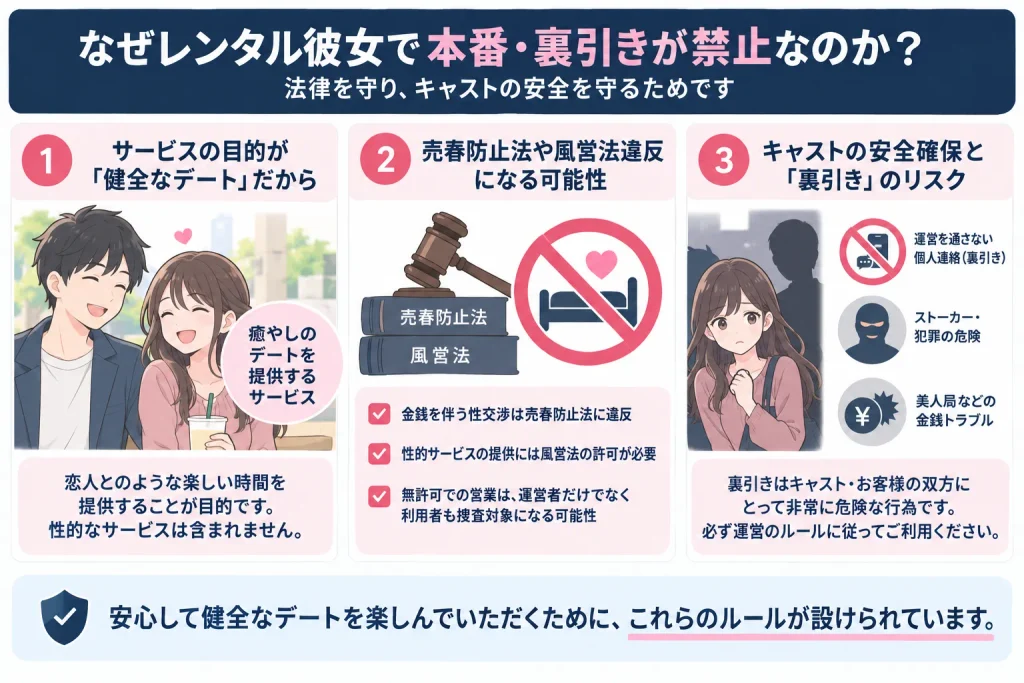 なぜレンタル彼女で本番・裏引きが禁止なのか？（違法性と理由）